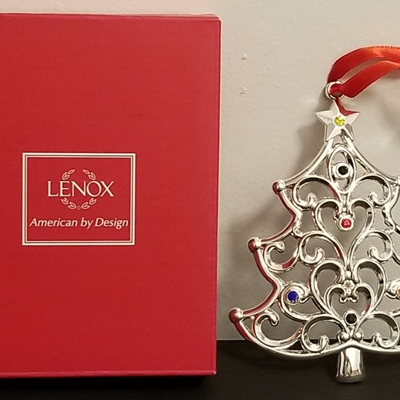 NWT  LENNOX SPARKLE AND SCROLL MULTI CRYSTAL SILVERPLATE XMAS TREE ORNATE 4" - Picture 2 of 4